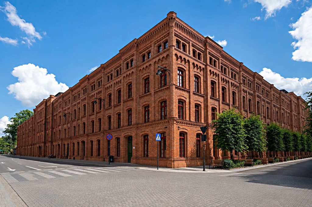 Famuły Poznańskiego przy ul. Ogrodowej 24 w Łodzi po rewitalizacji. Zabytkowy kompleks łączy historyczną architekturę z nowoczesnymi mieszkaniami, biurami i lokalami usługowymi. W centralnej części inwestycji znajduje się zielony dziedziniec z nasadzeniami i elementami małej architektury.